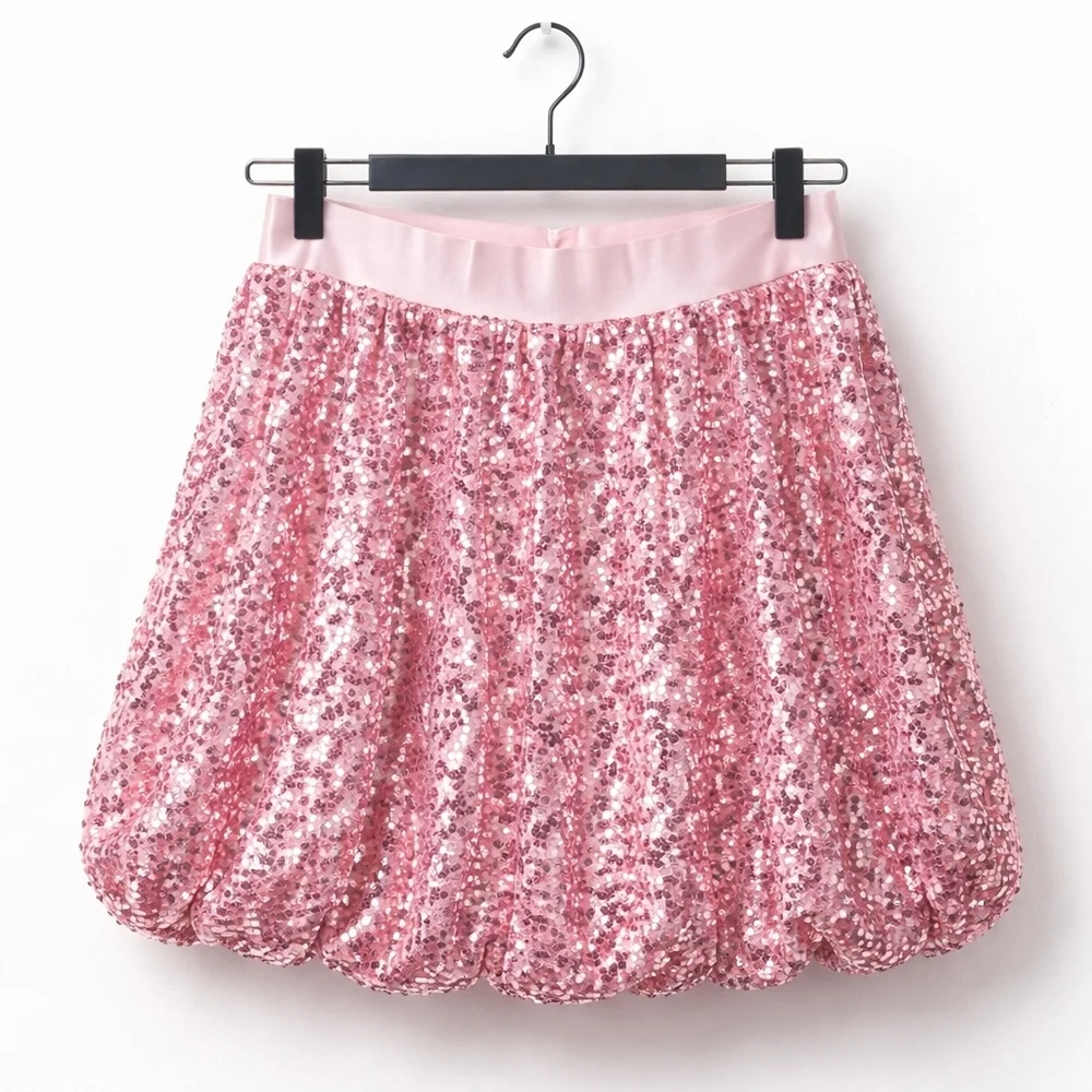Pink Sequin Bubble Hem Mini Skirt Large Coquette Party Birthday NWT